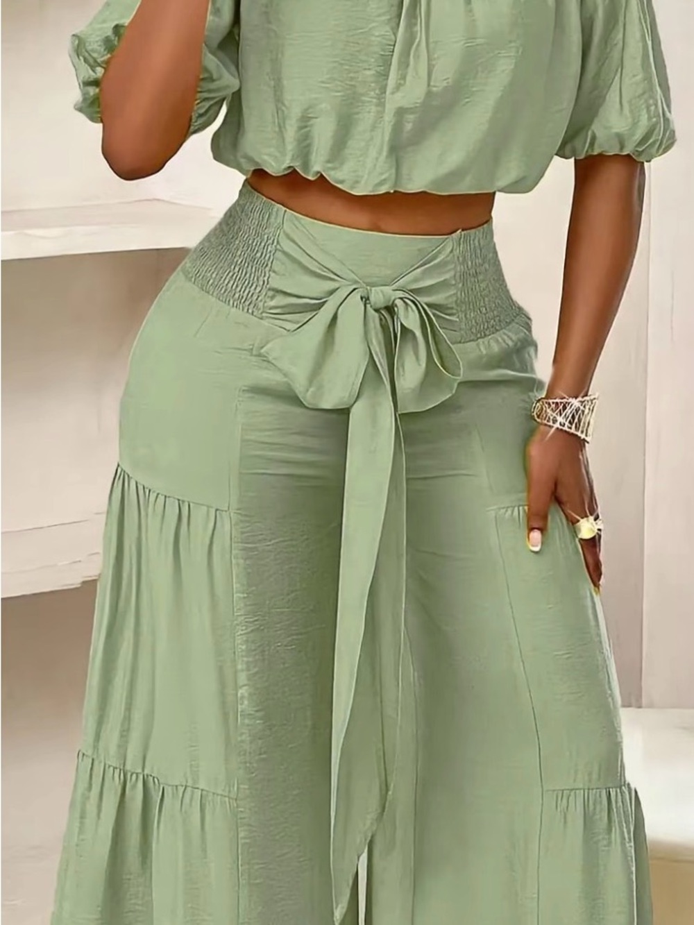 High-Waist Sage Tie-Front Wide Leg Pants